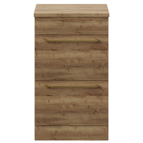 Napoli Tobacco Oak 500mm Floor Standing Vanity Unit for Countertop Basins with 2 Drawers and Brushed Brass Handles View from Front