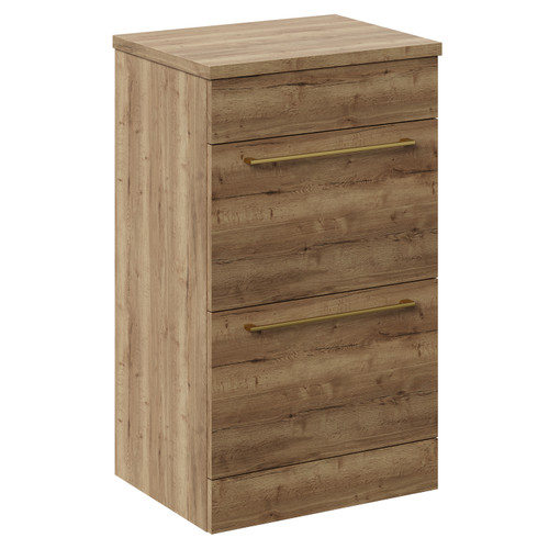 Napoli Tobacco Oak 500mm Floor Standing Vanity Unit for Countertop Basins with 2 Drawers and Brushed Brass Handles Left Hand View