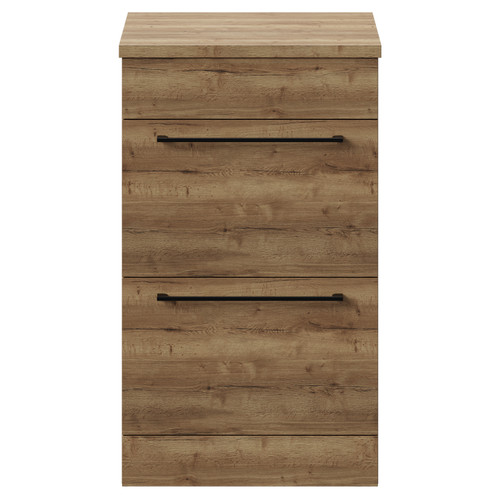 Napoli Tobacco Oak 500mm Floor Standing Vanity Unit for Countertop Basins with 2 Drawers and Matt Black Handles View from Front