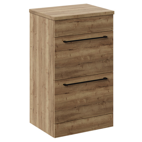 Napoli Tobacco Oak 500mm Floor Standing Vanity Unit for Countertop Basins with 2 Drawers and Matt Black Handles Left Hand View