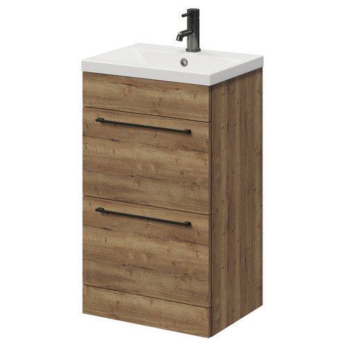 Napoli Tobacco Oak 500mm Floor Standing Vanity Unit with 1 Tap Hole Basin and 2 Drawers with Gunmetal Grey Handles Right Hand View