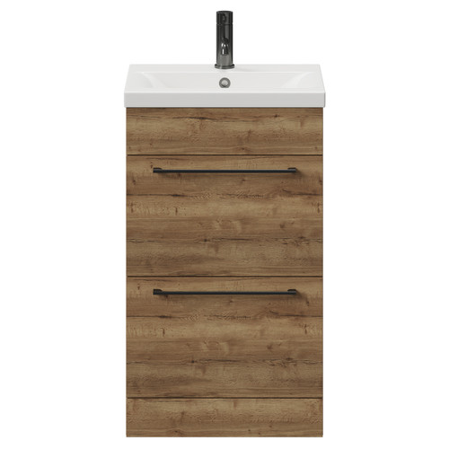 Napoli Tobacco Oak 500mm Floor Standing Vanity Unit with 1 Tap Hole Basin and 2 Drawers with Gunmetal Grey Handles View from Front
