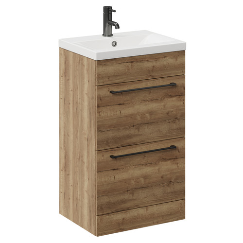Napoli Tobacco Oak 500mm Floor Standing Vanity Unit with 1 Tap Hole Basin and 2 Drawers with Gunmetal Grey Handles Left Hand View