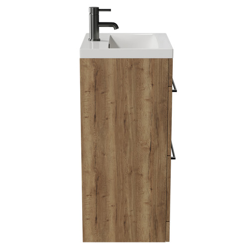 Napoli Tobacco Oak 500mm Floor Standing Vanity Unit with 1 Tap Hole Basin and 2 Drawers with Gunmetal Grey Handles View from Side