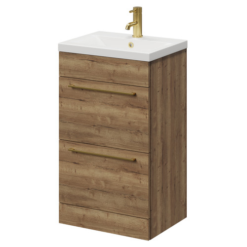 Napoli Tobacco Oak 500mm Floor Standing Vanity Unit with 1 Tap Hole Basin and 2 Drawers with Brushed Brass Handles Right Hand View