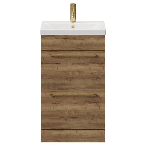 Napoli Tobacco Oak 500mm Floor Standing Vanity Unit with 1 Tap Hole Basin and 2 Drawers with Brushed Brass Handles View from Front