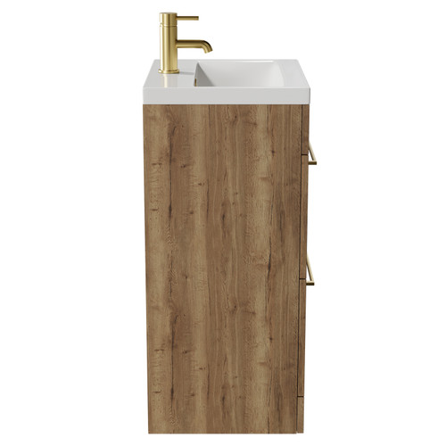 Napoli Tobacco Oak 500mm Floor Standing Vanity Unit with 1 Tap Hole Basin and 2 Drawers with Brushed Brass Handles View from Side