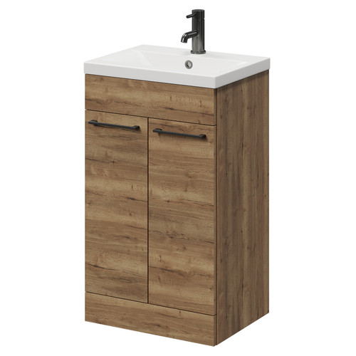 Napoli Tobacco Oak 500mm Floor Standing Vanity Unit with 1 Tap Hole Basin and 2 Doors with Gunmetal Grey Handles Right Hand View