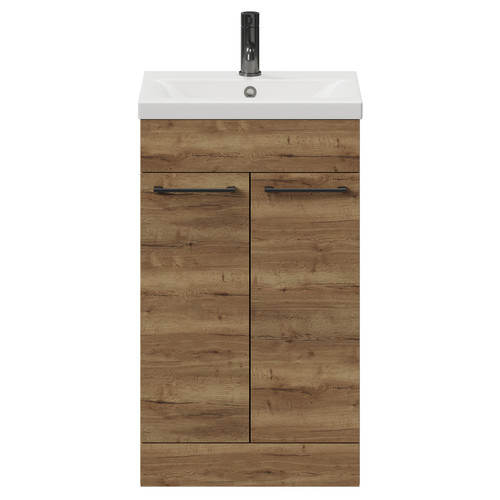 Napoli Tobacco Oak 500mm Floor Standing Vanity Unit with 1 Tap Hole Basin and 2 Doors with Gunmetal Grey Handles View from Front