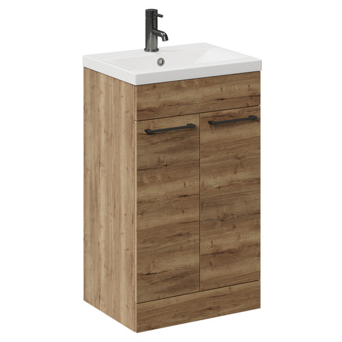 Napoli Tobacco Oak 500mm Floor Standing Vanity Unit with 1 Tap Hole Basin and 2 Doors with Gunmetal Grey Handles Left Hand View