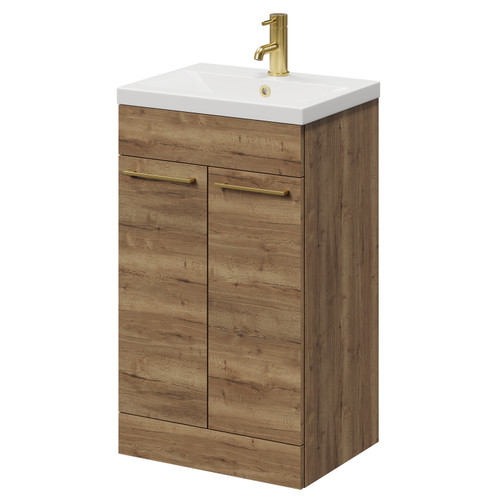 Napoli Tobacco Oak 500mm Floor Standing Vanity Unit with 1 Tap Hole Basin and 2 Doors with Brushed Brass Handles Right Hand View