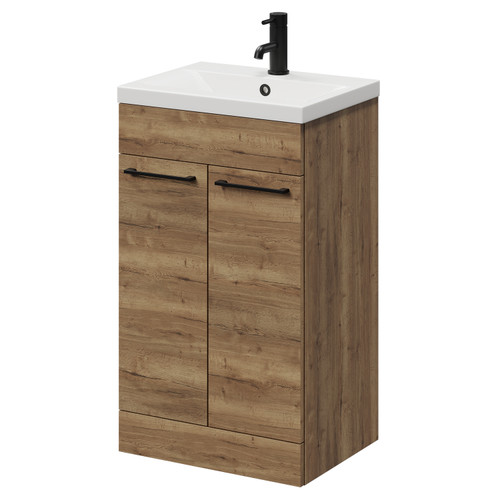 Napoli Tobacco Oak 500mm Floor Standing Vanity Unit with 1 Tap Hole Basin and 2 Doors with Matt Black Handles Right Hand View