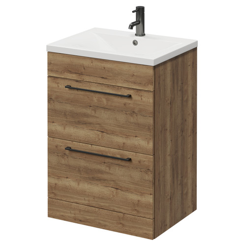 Napoli Tobacco Oak 600mm Floor Standing Vanity Unit with 1 Tap Hole Basin and 2 Drawers with Gunmetal Grey Handles Right Hand View
