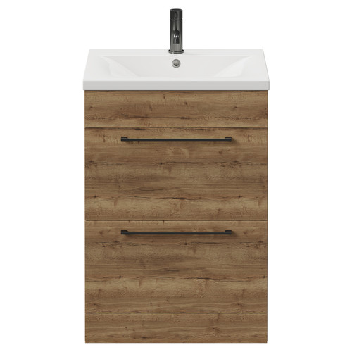 Napoli Tobacco Oak 600mm Floor Standing Vanity Unit with 1 Tap Hole Basin and 2 Drawers with Gunmetal Grey Handles View from Front