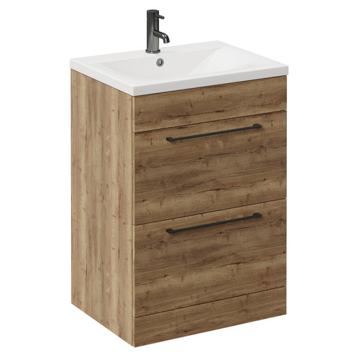 Napoli Tobacco Oak 600mm Floor Standing Vanity Unit with 1 Tap Hole Basin and 2 Drawers with Gunmetal Grey Handles Left Hand View