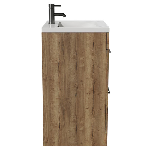 Napoli Tobacco Oak 600mm Floor Standing Vanity Unit with 1 Tap Hole Basin and 2 Drawers with Gunmetal Grey Handles View from Side