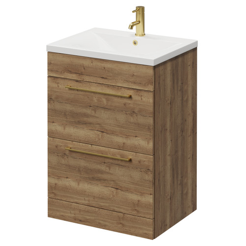 Napoli Tobacco Oak 600mm Floor Standing Vanity Unit with 1 Tap Hole Basin and 2 Drawers with Brushed Brass Handles Right Hand View