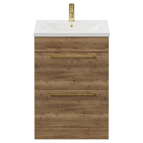 Napoli Tobacco Oak 600mm Floor Standing Vanity Unit with 1 Tap Hole Basin and 2 Drawers with Brushed Brass Handles View from Front