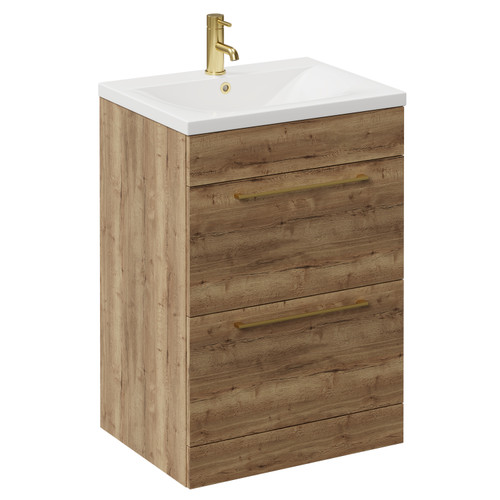 Napoli Tobacco Oak 600mm Floor Standing Vanity Unit with 1 Tap Hole Basin and 2 Drawers with Brushed Brass Handles Left Hand View