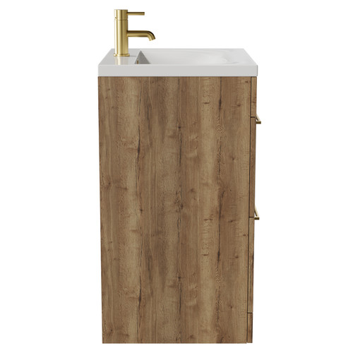 Napoli Tobacco Oak 600mm Floor Standing Vanity Unit with 1 Tap Hole Basin and 2 Drawers with Brushed Brass Handles View from Side