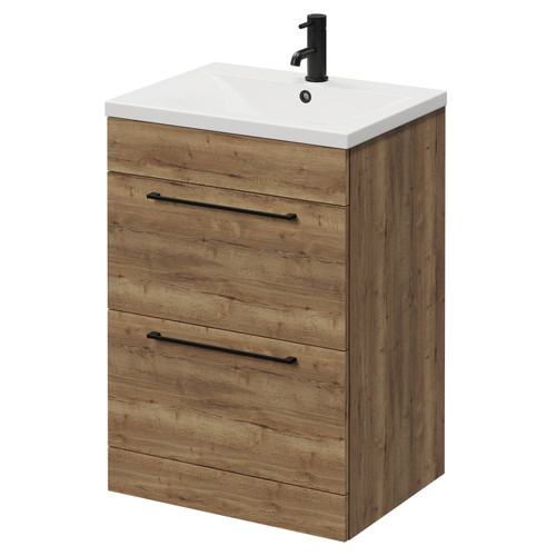 Napoli Tobacco Oak 600mm Floor Standing Vanity Unit with 1 Tap Hole Basin and 2 Drawers with Matt Black Handles Right Hand View