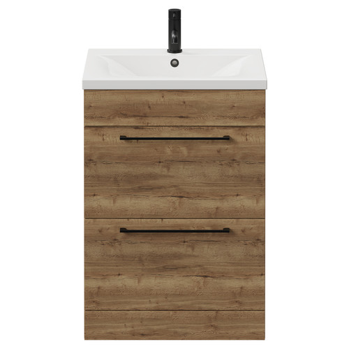 Napoli Tobacco Oak 600mm Floor Standing Vanity Unit with 1 Tap Hole Basin and 2 Drawers with Matt Black Handles View from Front