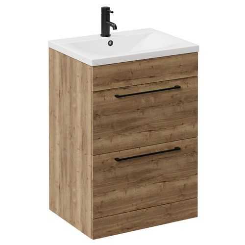 Napoli Tobacco Oak 600mm Floor Standing Vanity Unit with 1 Tap Hole Basin and 2 Drawers with Matt Black Handles Left Hand View