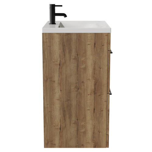 Napoli Tobacco Oak 600mm Floor Standing Vanity Unit with 1 Tap Hole Basin and 2 Drawers with Matt Black Handles View from Side