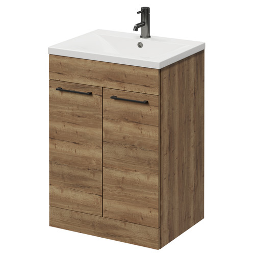 Napoli Tobacco Oak 600mm Floor Standing Vanity Unit with 1 Tap Hole Basin and 2 Doors with Gunmetal Grey Handles Right Hand View