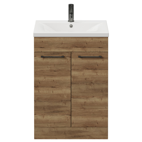 Napoli Tobacco Oak 600mm Floor Standing Vanity Unit with 1 Tap Hole Basin and 2 Doors with Gunmetal Grey Handles View from Front