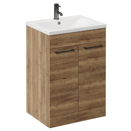 Napoli Tobacco Oak 600mm Floor Standing Vanity Unit with 1 Tap Hole Basin and 2 Doors with Gunmetal Grey Handles Left Hand View