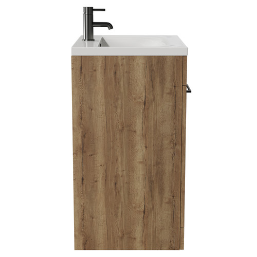 Napoli Tobacco Oak 600mm Floor Standing Vanity Unit with 1 Tap Hole Basin and 2 Doors with Gunmetal Grey Handles View from Side