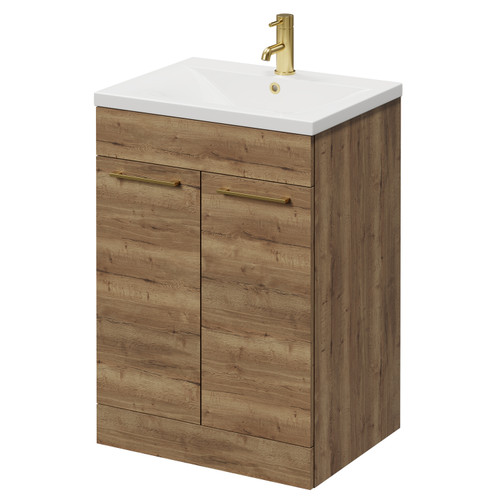 Napoli Tobacco Oak 600mm Floor Standing Vanity Unit with 1 Tap Hole Basin and 2 Doors with Brushed Brass Handles Right Hand View
