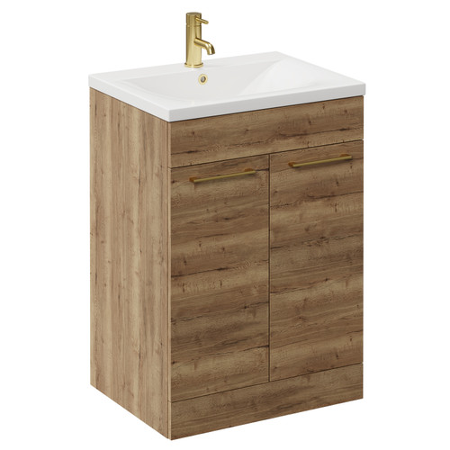 Napoli Tobacco Oak 600mm Floor Standing Vanity Unit with 1 Tap Hole Basin and 2 Doors with Brushed Brass Handles Left Hand View