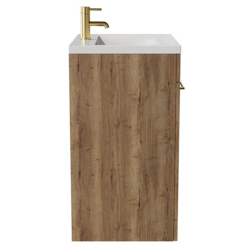 Napoli Tobacco Oak 600mm Floor Standing Vanity Unit with 1 Tap Hole Basin and 2 Doors with Brushed Brass Handles View from Side