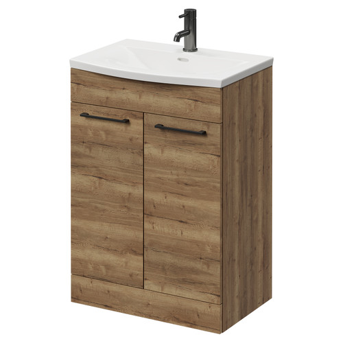 Napoli Tobacco Oak 600mm Floor Standing Vanity Unit with 1 Tap Hole Curved Basin and 2 Doors with Gunmetal Grey Handles Right Hand View