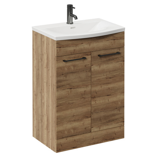 Napoli Tobacco Oak 600mm Floor Standing Vanity Unit with 1 Tap Hole Curved Basin and 2 Doors with Gunmetal Grey Handles Left Hand View