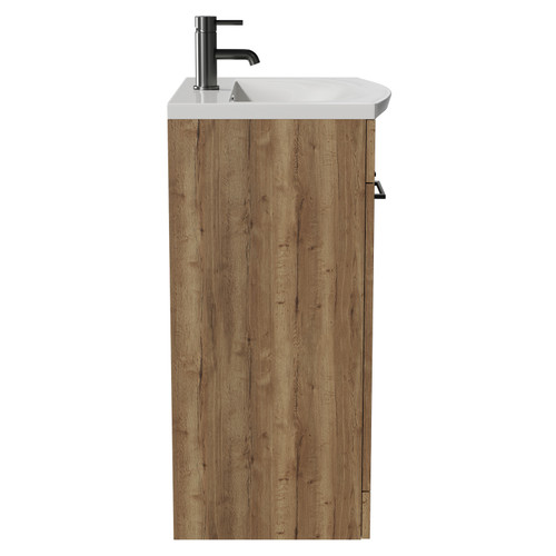 Napoli Tobacco Oak 600mm Floor Standing Vanity Unit with 1 Tap Hole Curved Basin and 2 Doors with Gunmetal Grey Handles View from Side