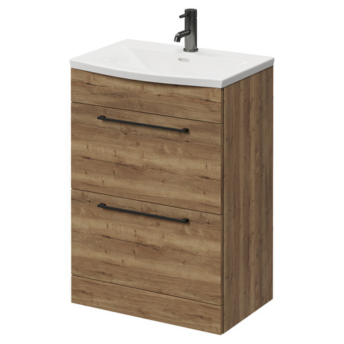 Napoli Tobacco Oak 600mm Floor Standing Vanity Unit with 1 Tap Hole Curved Basin and 2 Drawers with Gunmetal Grey Handles Right Hand View
