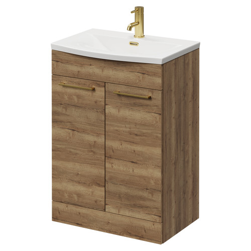 Napoli Tobacco Oak 600mm Floor Standing Vanity Unit with 1 Tap Hole Curved Basin and 2 Doors with Brushed Brass Handles Right Hand View