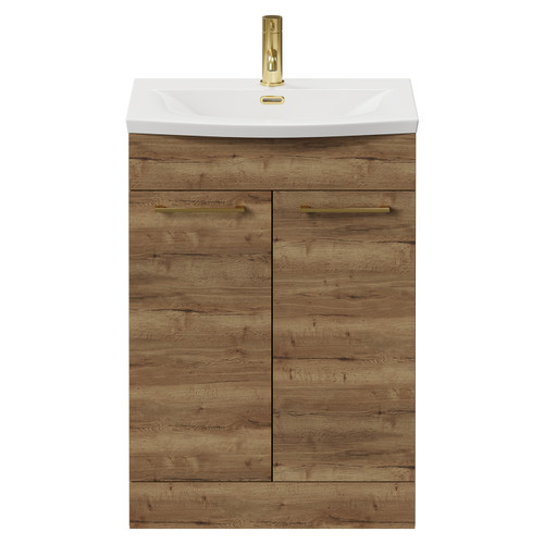 Napoli Tobacco Oak 600mm Floor Standing Vanity Unit with 1 Tap Hole Curved Basin and 2 Doors with Brushed Brass Handles View from Front
