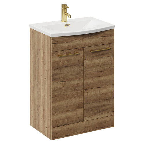 Napoli Tobacco Oak 600mm Floor Standing Vanity Unit with 1 Tap Hole Curved Basin and 2 Doors with Brushed Brass Handles Left Hand View