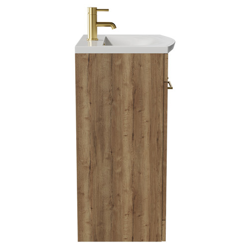 Napoli Tobacco Oak 600mm Floor Standing Vanity Unit with 1 Tap Hole Curved Basin and 2 Doors with Brushed Brass Handles View from Side