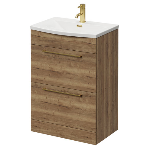 Napoli Tobacco Oak 600mm Floor Standing Vanity Unit with 1 Tap Hole Curved Basin and 2 Drawers with Brushed Brass Handles Right Hand View