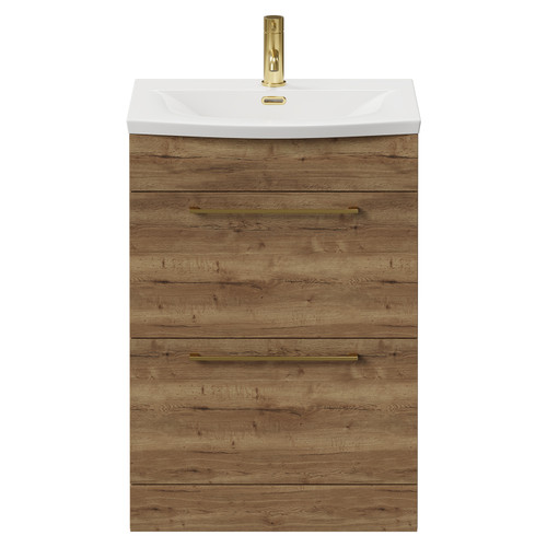 Napoli Tobacco Oak 600mm Floor Standing Vanity Unit with 1 Tap Hole Curved Basin and 2 Drawers with Brushed Brass Handles View from Front