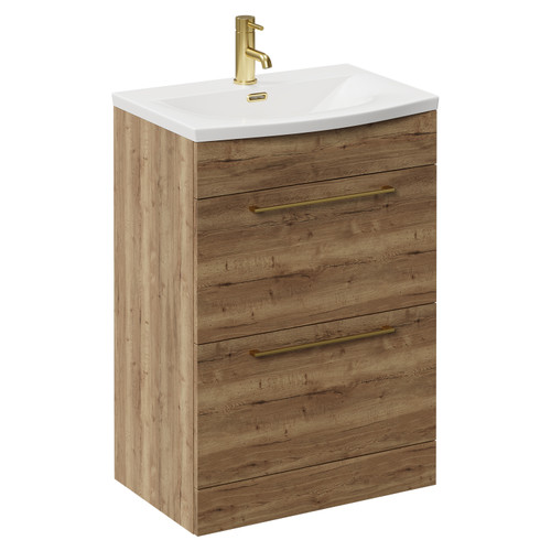 Napoli Tobacco Oak 600mm Floor Standing Vanity Unit with 1 Tap Hole Curved Basin and 2 Drawers with Brushed Brass Handles Left Hand View