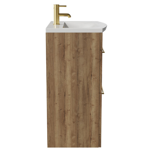 Napoli Tobacco Oak 600mm Floor Standing Vanity Unit with 1 Tap Hole Curved Basin and 2 Drawers with Brushed Brass Handles View from Side