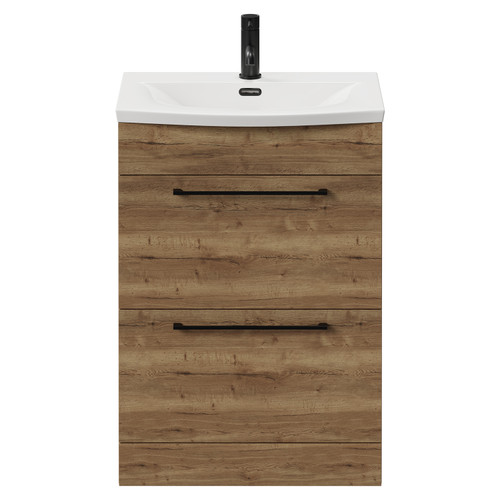 Napoli Tobacco Oak 600mm Floor Standing Vanity Unit with 1 Tap Hole Curved Basin and 2 Drawers with Matt Black Handles View from Front