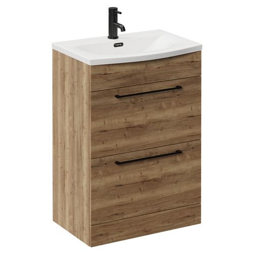 Napoli Tobacco Oak 600mm Floor Standing Vanity Unit with 1 Tap Hole Curved Basin and 2 Drawers with Matt Black Handles Left Hand View