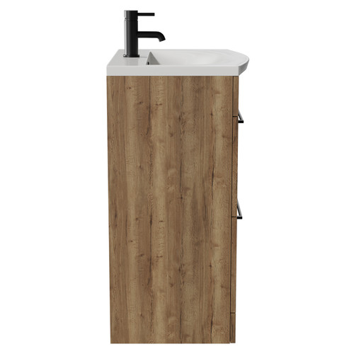 Napoli Tobacco Oak 600mm Floor Standing Vanity Unit with 1 Tap Hole Curved Basin and 2 Drawers with Matt Black Handles View from Side